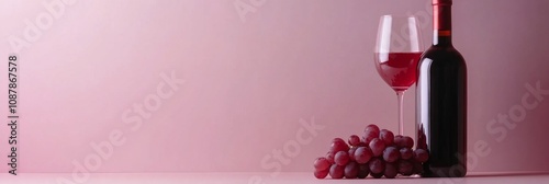 Elegant red wine bottle and glass beside fresh grapes on a soft pink background