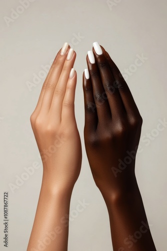 Elegant hand showcasing modern nail art with contrasting colors in a minimali...