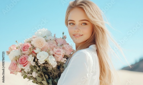 Woman holding a bouquet of flowers while standing in a bright natural setting...