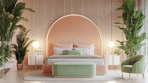 Modern bedroom design with soft colors and elegant furniture in a stylish int...