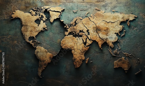 A map of the world with cracks forming between countries, symbolizing broken trade relations, divided trade routes, global conflict