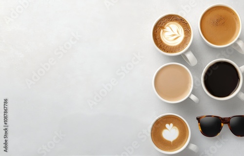 A variety of coffee drinks displayed with sunglasses on a white background in...