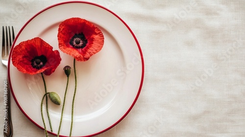 Elegant dining table setting with red poppy flowers on a decorative plate dur...