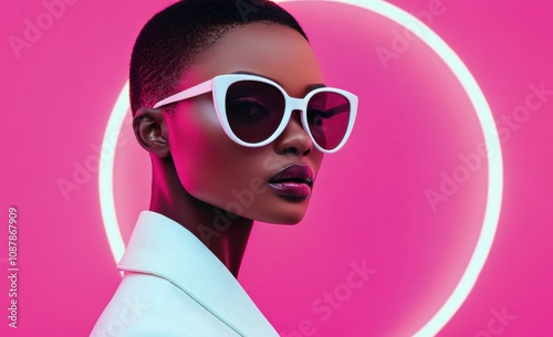 Stylish model wearing sunglasses poses against a bright pink background durin...
