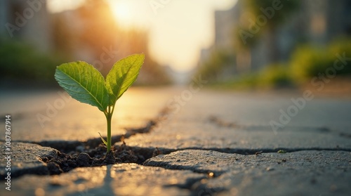 Green sprout emerging from cracked pavement with sunlight. Concept of resilience.