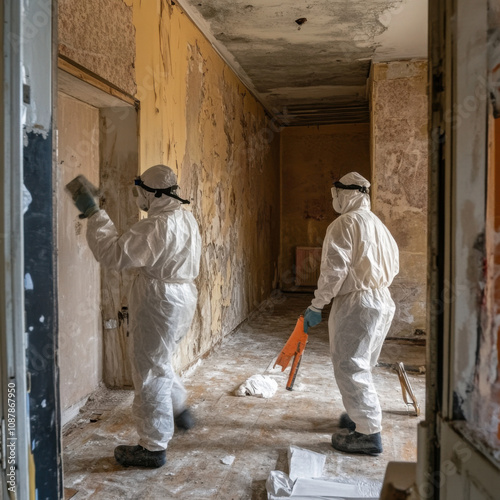women performing asbestos abatement in an old school building