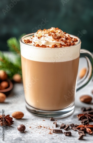 Creamy coffee drink with whipped cream and chocolate shavings on a gray backg...