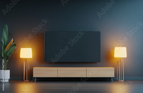 Modern living room setup with television and lamps creating a cozy atmosphere...