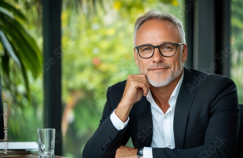 Confident businessman in a modern office with greenery in the background duri...