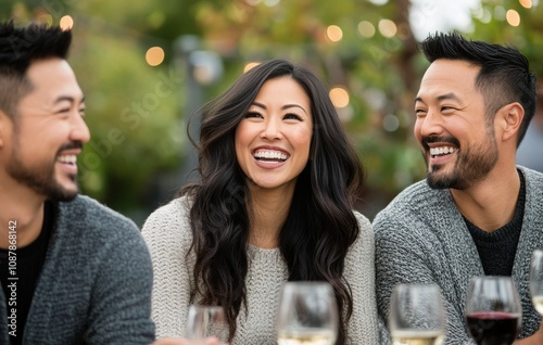 Group of friends enjoying laughter and good company during a cozy outdoor gat...