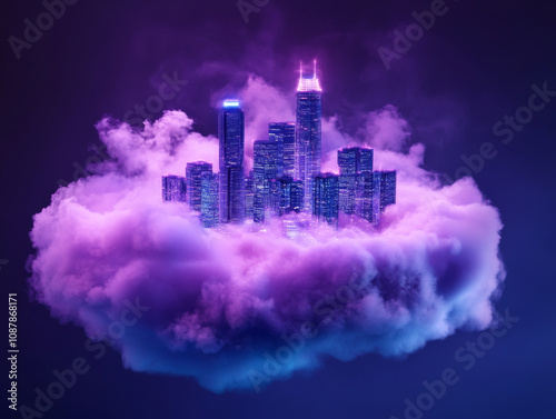 Surreal floating cityscape with neon lights in cloud