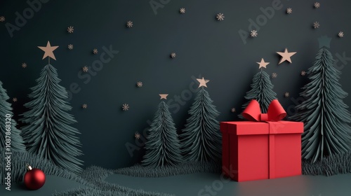 A beautifully wrapped red gift box surrounded by evergreen trees and festive ...