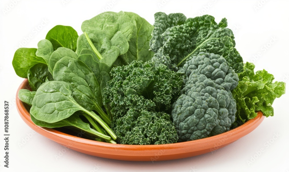 A plate of leafy greens like spinach and kale, high in mineral salts, with space for text on the bottom-left. A plate of leafy greens like spinach and kale, high in mineral salts, with space for text on the bottom-left.