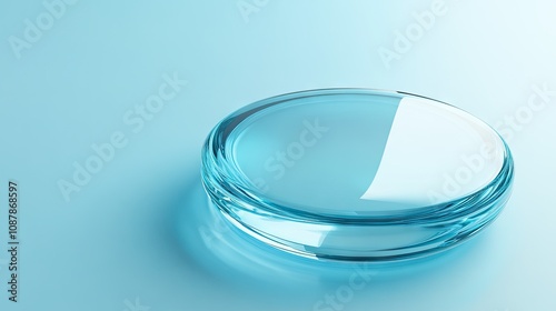 A sleek, transparent glass dish resting on a soft blue surface, reflecting light beautifully.