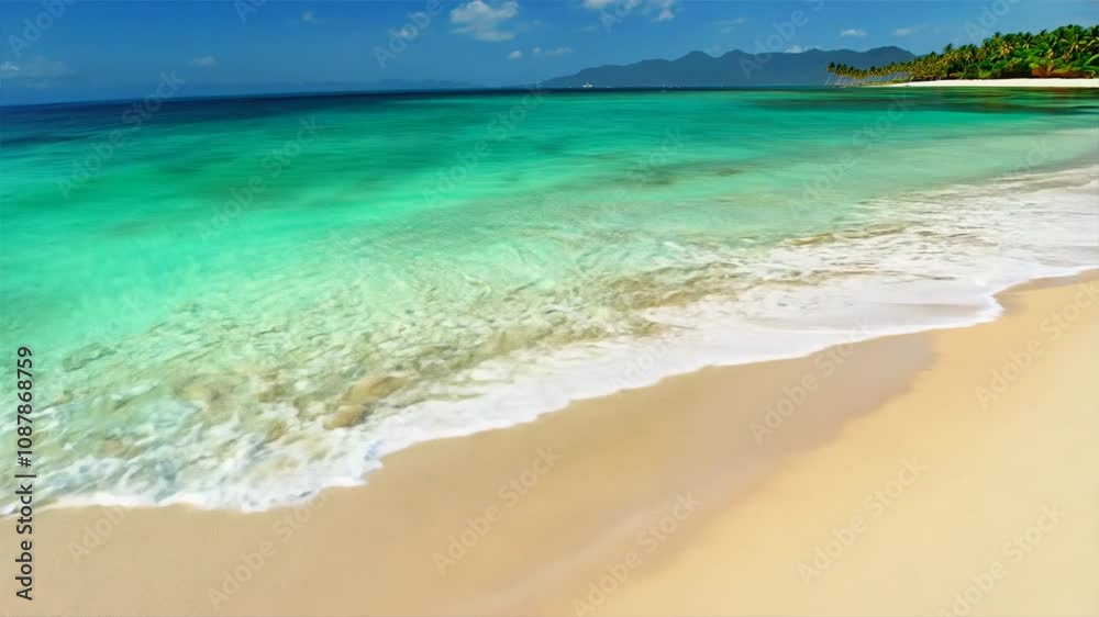Tranquil Paradise: Crystal-clear turquoise waters gently lap against a pristine white sand beach, framed by lush greenery and a vibrant blue sky. Tranquil Paradise: Crystal-clear turquoise waters gently lap against a pristine white sand beach, framed by lush greenery and a vibrant blue sky.