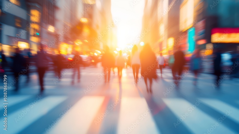 Blurred image of people walking on a city street at sunset. Blurred image of people walking on a city street at sunset.