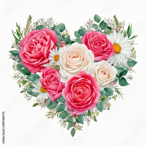 Floral heart with delicate roses painted in watercolor. Composition with roses, eucalyptus leaves and daisies. Flower composition for wedding invitations, prints, card valentine's day, wedding, love