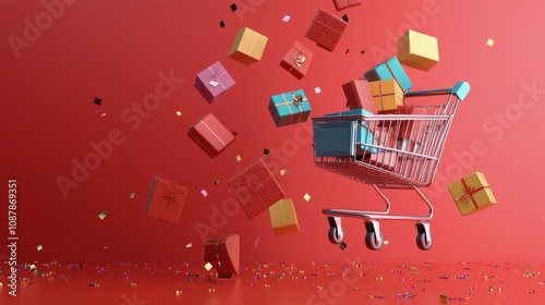 Colorful gift boxes tumble from a cart on a red background for holiday shopping
