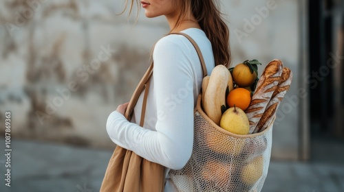 A woman with curly hair carries a mesh bag filled with fresh bread and fruits...