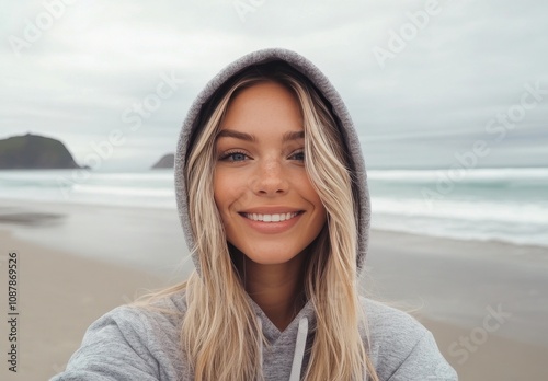 Young woman with long hair in a hoodie smiling on the beach during cloudy wea...