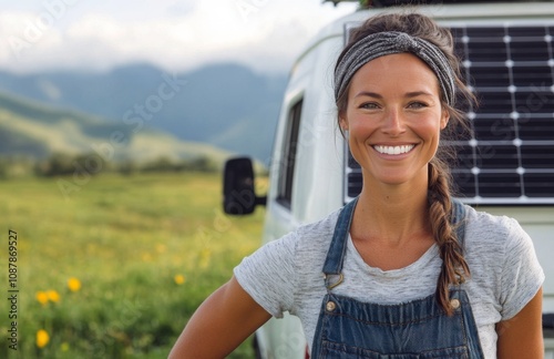 Young woman in overalls smiles brightly in front of a van under clear blue sky