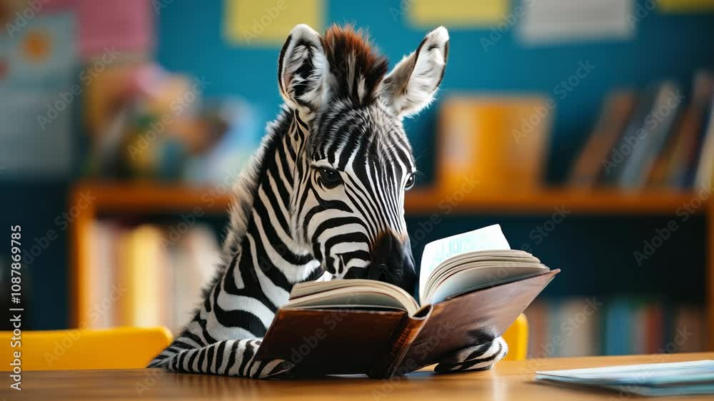 A zebra reads a book in the classroom of a school, back to school concept 4K Video A zebra reads a book in the classroom of a school, back to school concept 4K Video