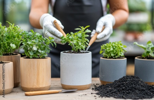 Gardener tending to fresh herbs in modern pots at a plant nursery during dayl...