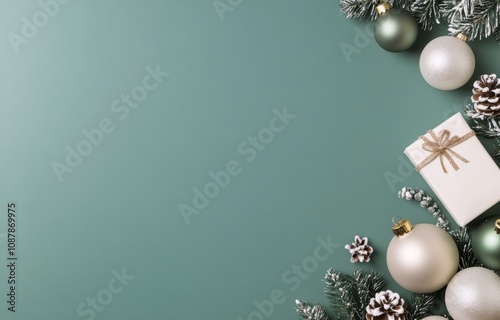 Christmas decorations with gifts and ornaments on a green background during t...