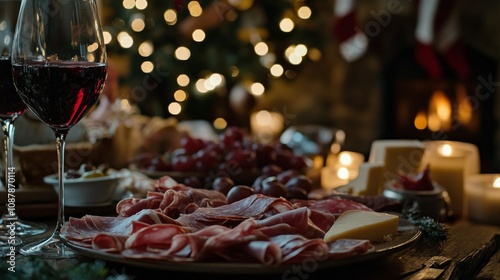 Festive holiday dinner with charcuterie, red wine, and a Christmas tree in th...