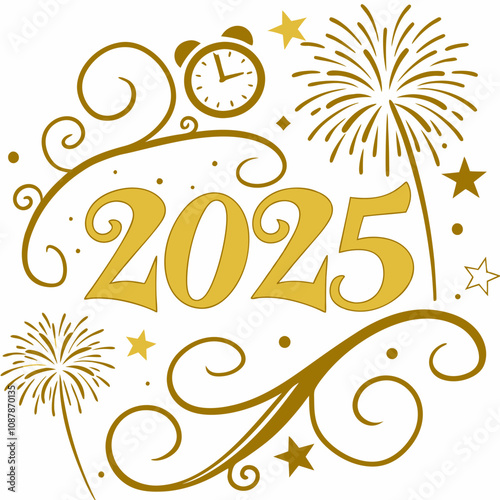 3d Rendering Of A 2025 Number With Golden Decorations And Fireworks 