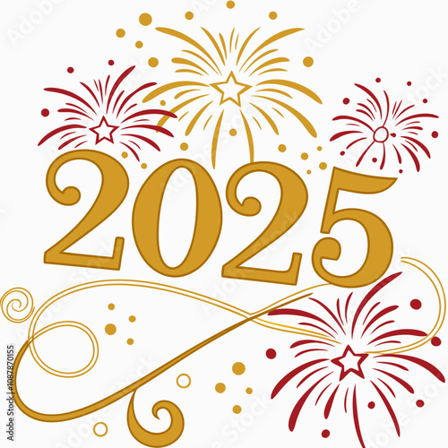 3d Rendering Of A 2025 Number With Golden Decorations And Fireworks 