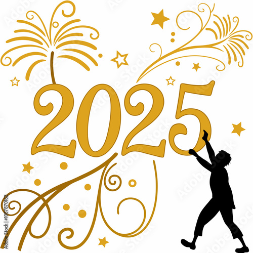 3d Rendering Of A 2025 Number With Golden Decorations And Fireworks 