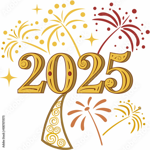 3d Rendering Of A 2025 Number With Golden Decorations And Fireworks 