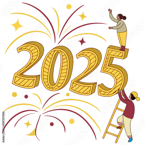 3d Rendering Of A 2025 Number With Golden Decorations And Fireworks 