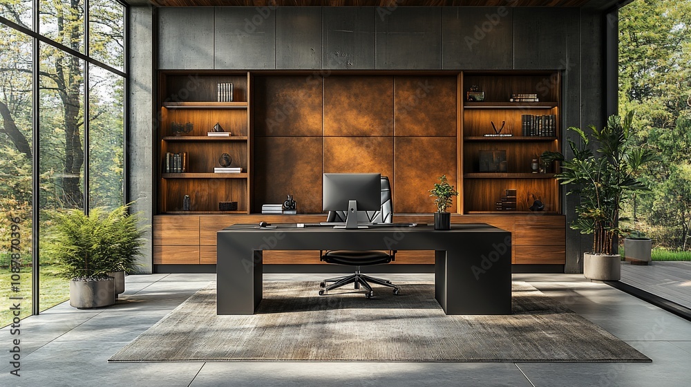 Modern office interior with a sleek desk and natural light. Modern office interior with a sleek desk and natural light.