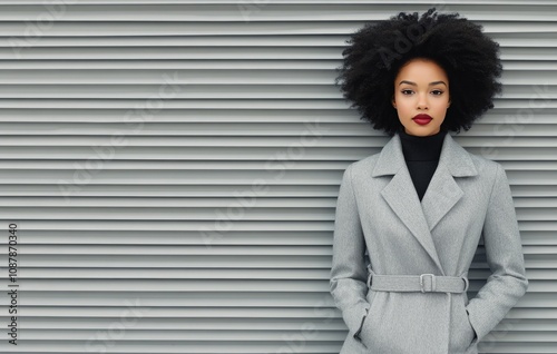 Stylish woman in gray coat poses against minimalist striped background in mod...