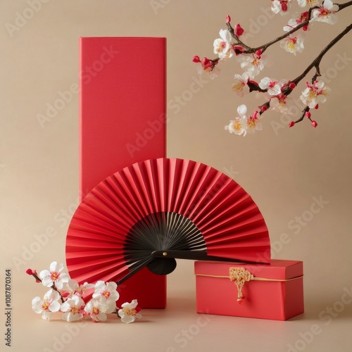 Elegant red fan and decorative box with blossoms on a soft background