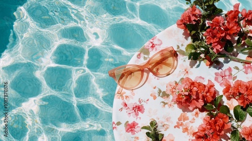 Summer afternoon by the pool with floral towel, sunglasses, and vibrant bouga...