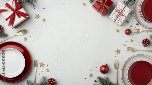 Decorative Christmas dining table with red plates and festive ornaments for h...