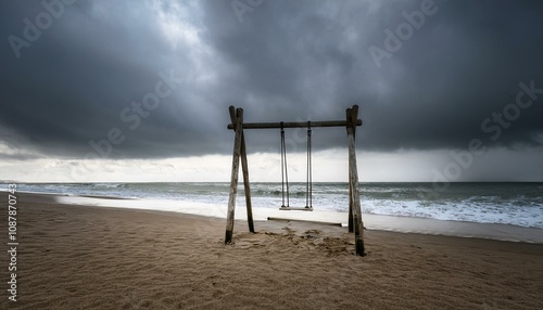 a lone swing stands in an eerily deserted cloud covered beach inviting reflections on solitude and the passage of time against an approaching storm photo