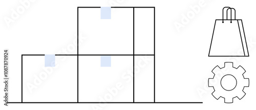 Stacked boxes with inventory tags, a shopping bag, and a gear icon. Ideal for ecommerce, logistics, supply chain, retail, storage management product delivery business operations. Line metaphor