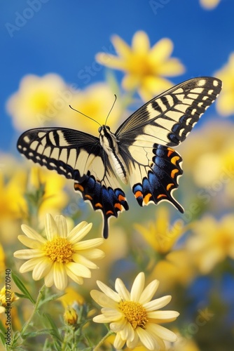 A butterfly gracefully flutters among vibrant yellow flowers in a serene gard...
