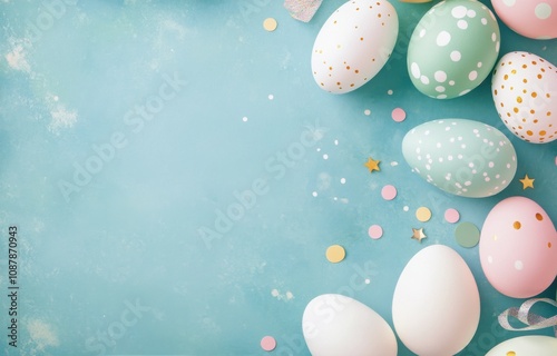 Colorful easter eggs arranged with delicate flowers on a pastel blue background