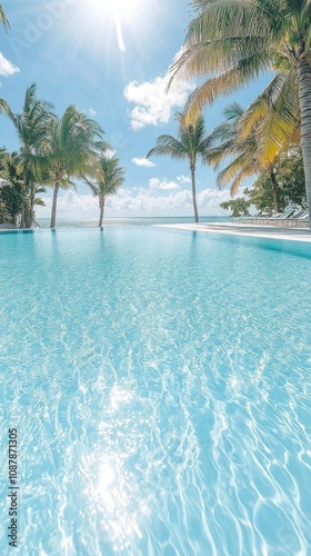 Relaxing poolside view with palm trees under a clear sky at a tropical beach ...