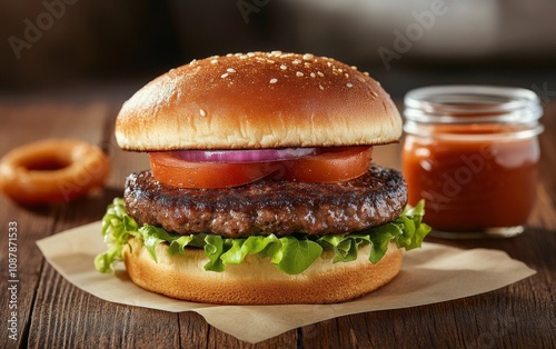 Delicious burger with fresh vegetables and sauce served on a wooden table in ...