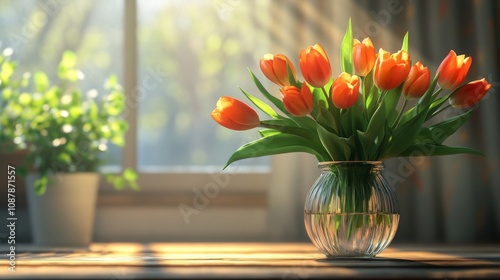 A beautiful vase of orange tulips placed on a wooden table by a sunlit window...