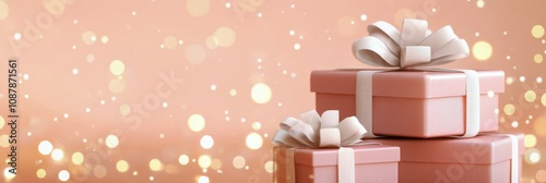 Pink gift boxes decorated with ribbons against a soft bokeh background for ce...