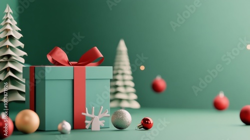 Festive green decorations with presents and trees for a winter holiday celebr...