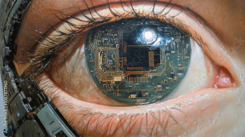 Close up of a futuristic human eye with circuitry at a technology exhibition