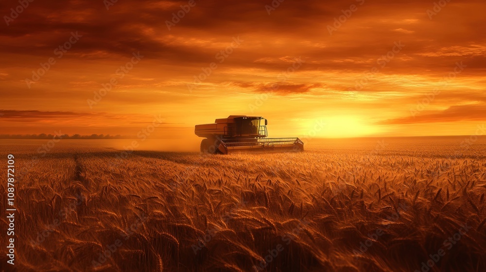 Fototapeta premium Harvest at Sunset: Golden Fields and a Combine Harvester